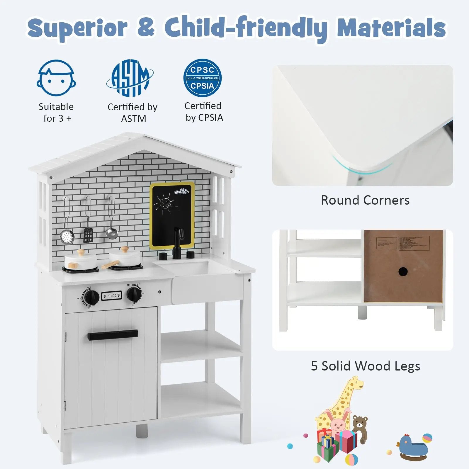 Kids Wooden Kitchen Play Set with Storage Shelves and Accessories-White by DirectDeals