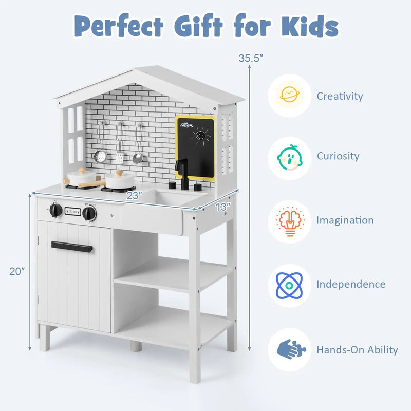 Kids Wooden Kitchen Play Set with Storage Shelves and Accessories-White by DirectDeals