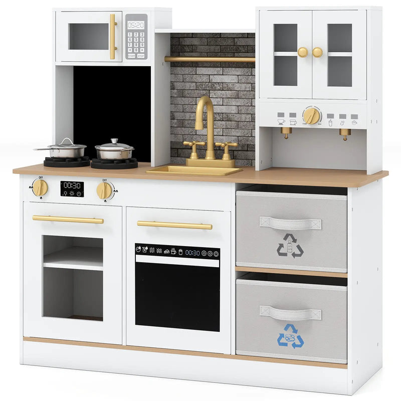 Kids Wooden Kitchen Playset with Stoves Sound Light for 3+ Years Old-White by DirectDeals