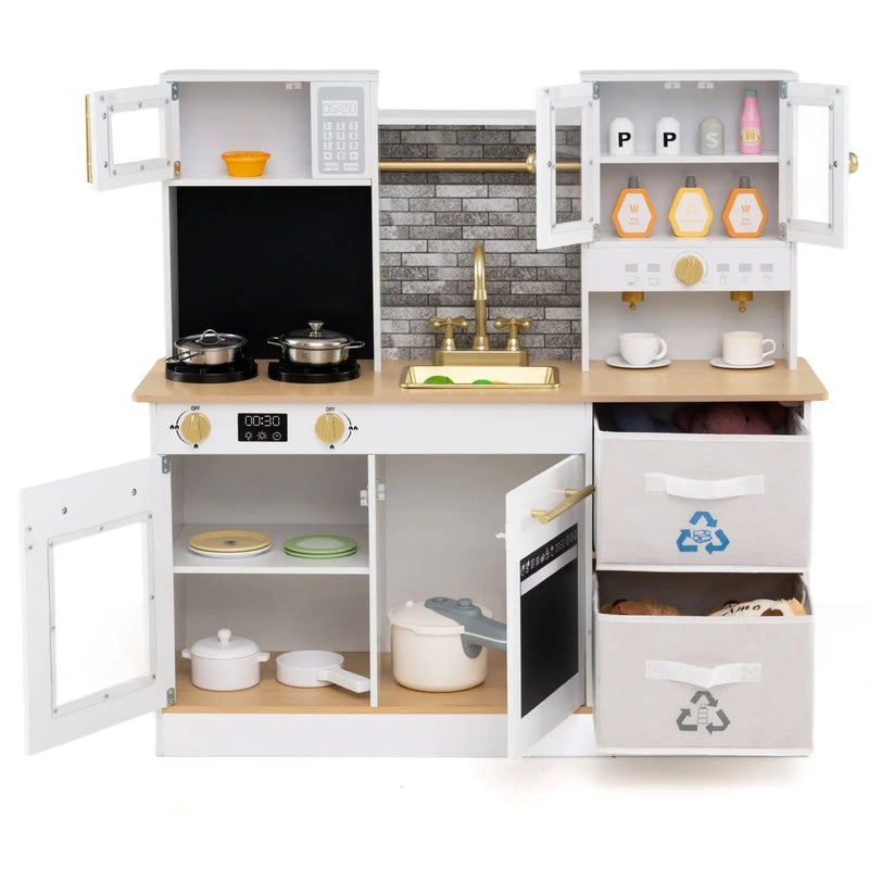Kids Wooden Kitchen Playset with Stoves Sound Light for 3+ Years Old-White by DirectDeals