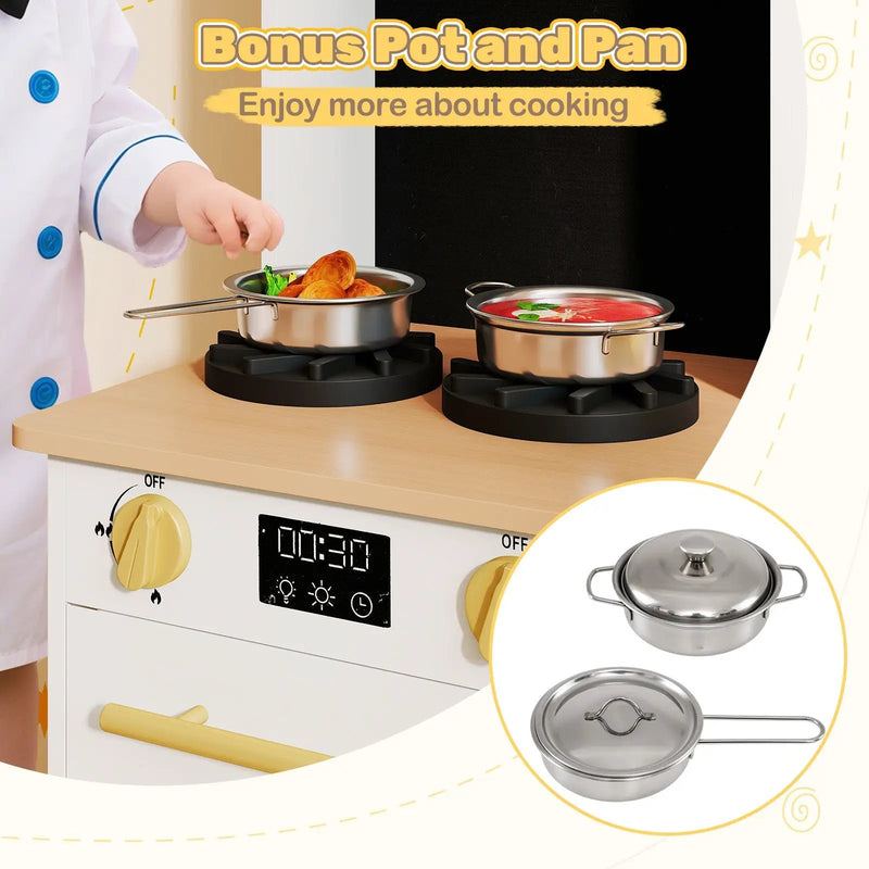 Kids Wooden Kitchen Playset with Stoves Sound Light for 3+ Years Old-White by DirectDeals