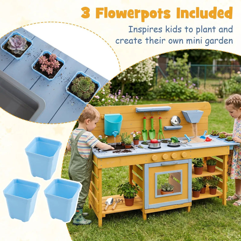 Wooden Mud Kitchen with 2 Sinks and 4 Stoves by DirectDeals