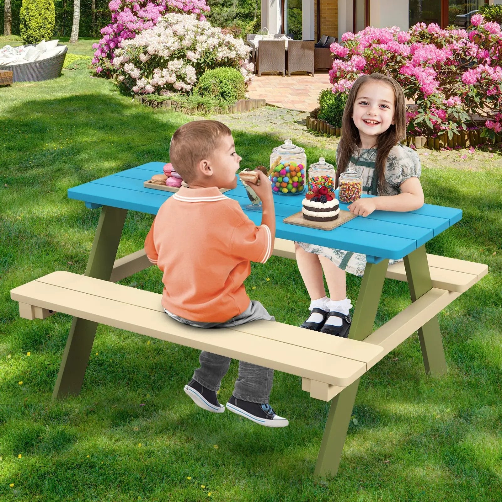 Kids Wooden Picnic Table Set Toddler Activity and Dining Table with Built-in Benches by DirectDeals