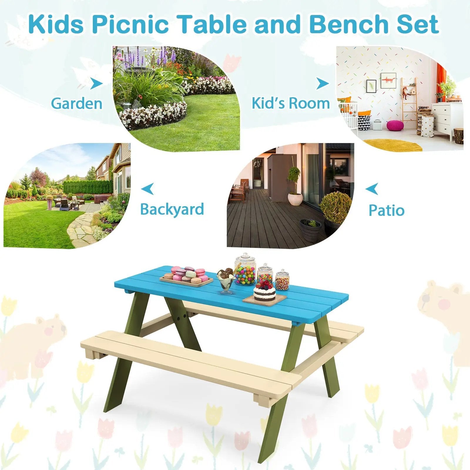Kids Wooden Picnic Table Set Toddler Activity and Dining Table with Built-in Benches by DirectDeals