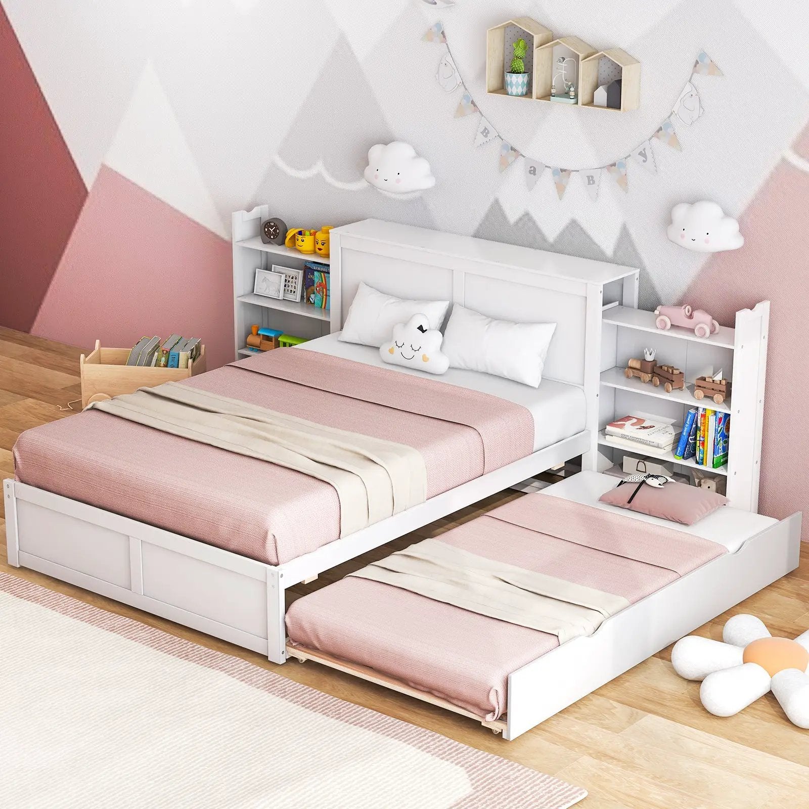 Twin/Full Kids Wooden Platform Bed with Trundle Storage Headboard by DirectDeals