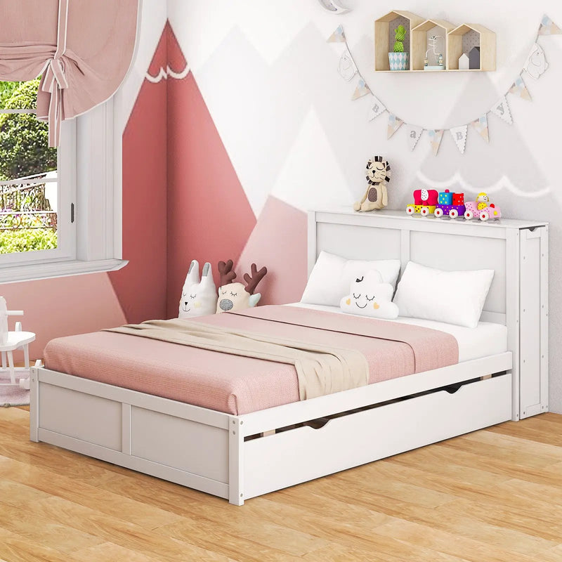 Twin/Full Kids Wooden Platform Bed with Trundle Storage Headboard by DirectDeals