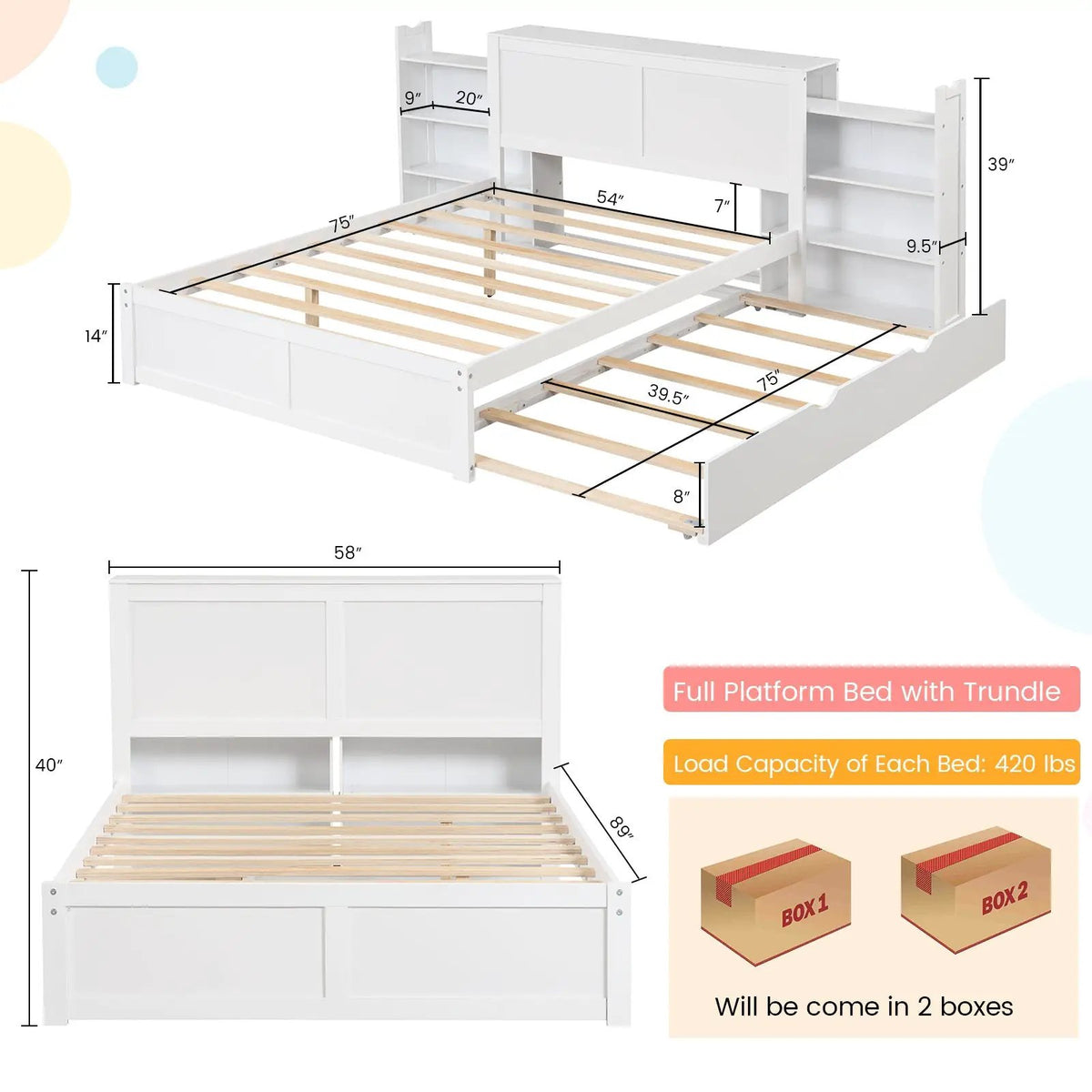 Twin/Full Kids Wooden Platform Bed with Trundle Storage Headboard, photo 5 of 9
