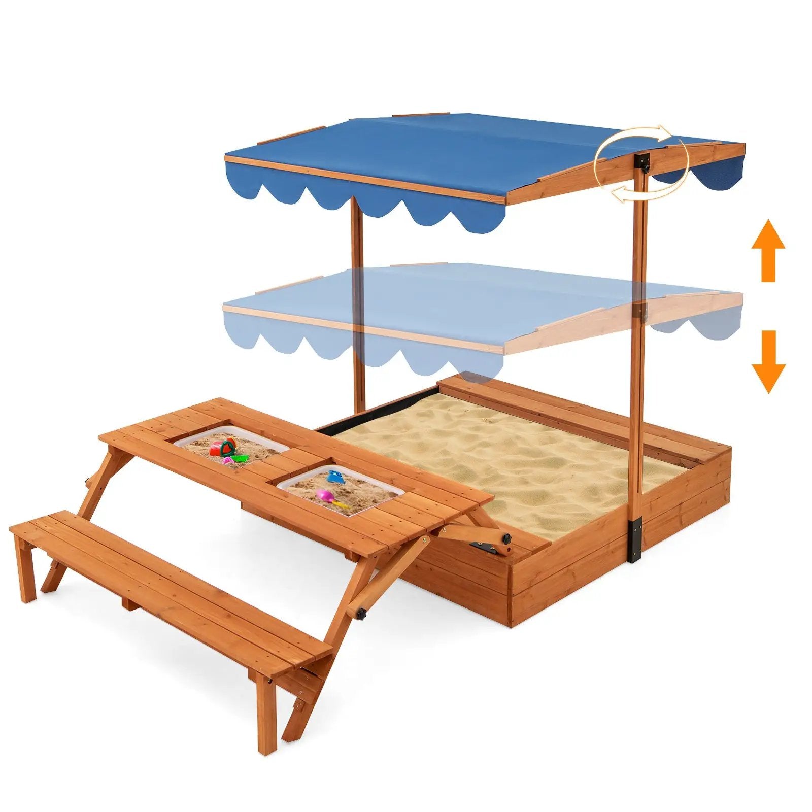 Kids Wooden Sand Box with Foldable Picnic Sensory Table and Bench-Natural by DirectDeals