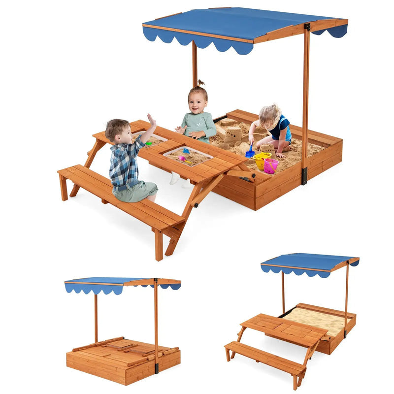 Kids Wooden Sand Box with Foldable Picnic Sensory Table and Bench-Natural by DirectDeals