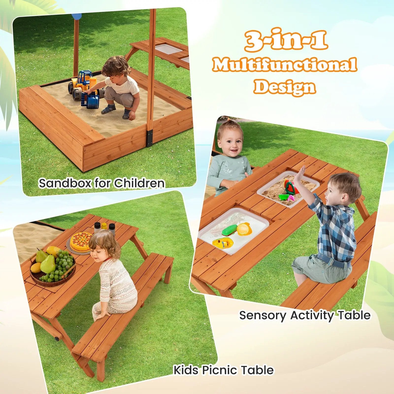 Kids Wooden Sand Box with Foldable Picnic Sensory Table and Bench-Natural by DirectDeals