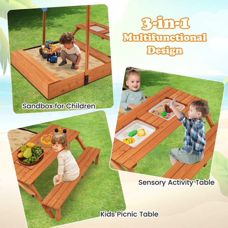 Kids Wooden Sand Box with Foldable Picnic Sensory Table and Bench-Natural by DirectDeals