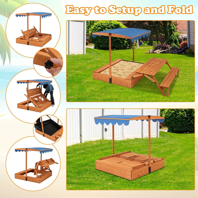 Kids Wooden Sand Box with Foldable Picnic Sensory Table and Bench-Natural by DirectDeals
