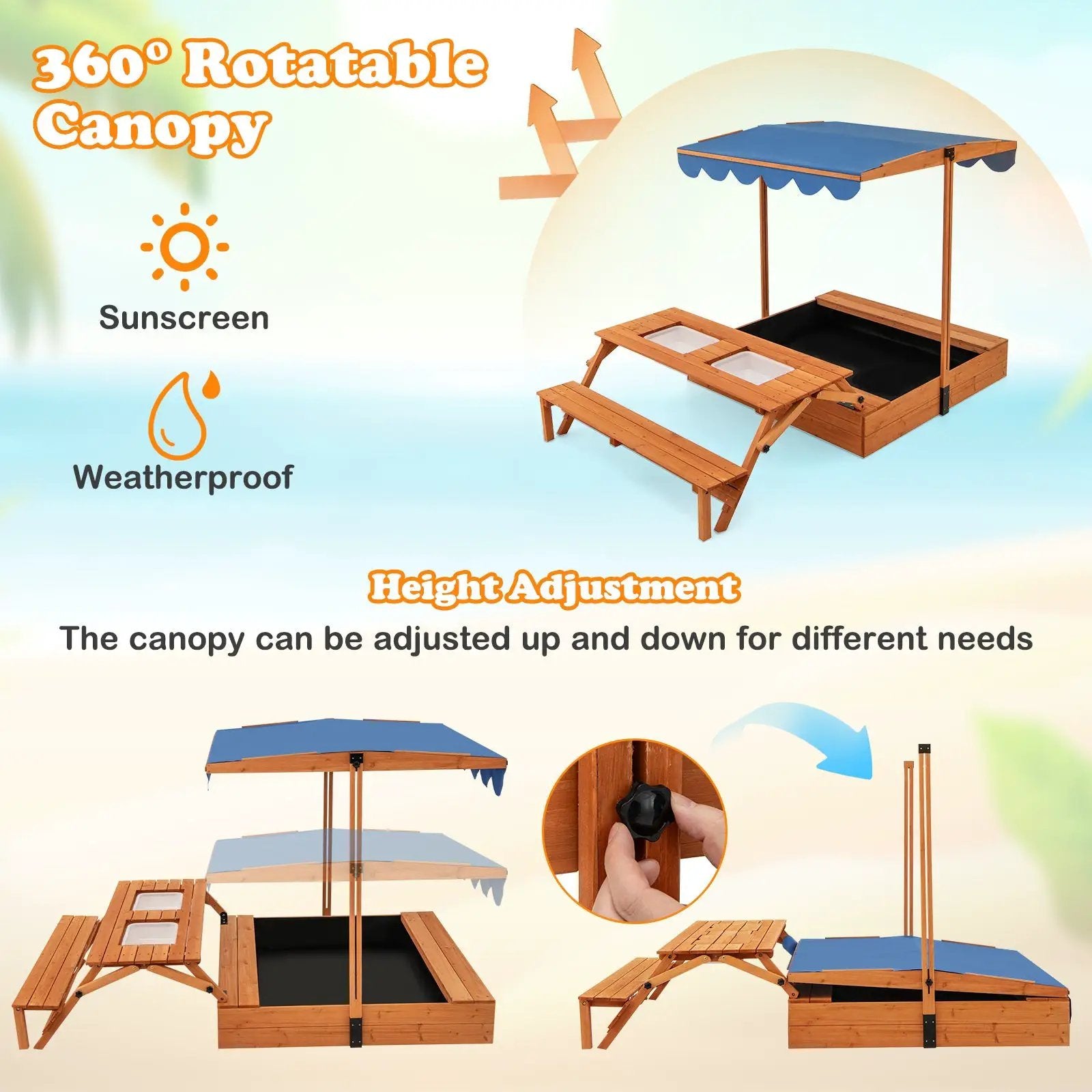 Kids Wooden Sand Box with Foldable Picnic Sensory Table and Bench-Natural by DirectDeals