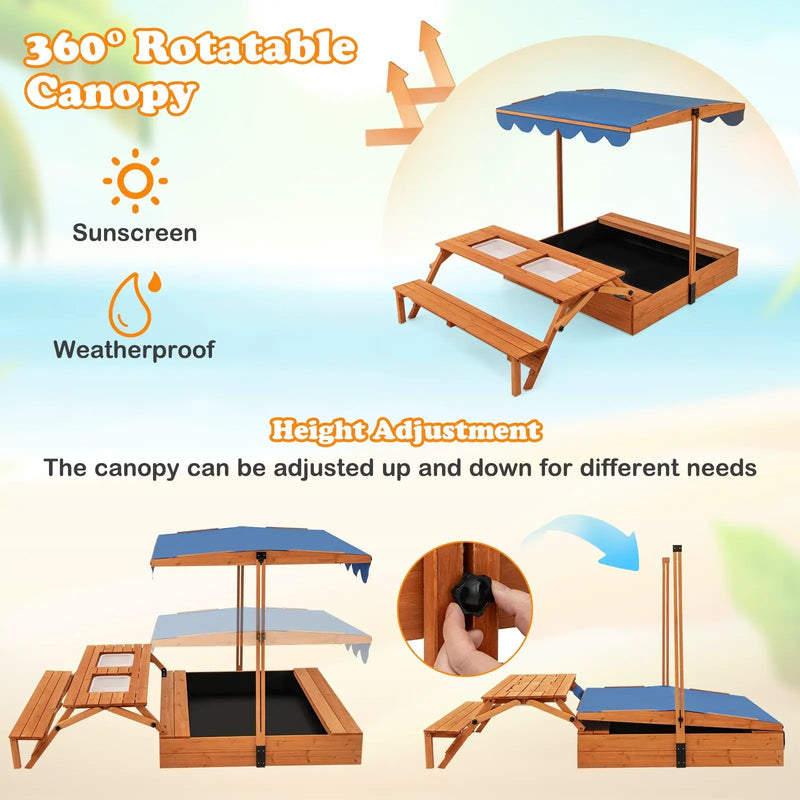 Kids Wooden Sand Box with Foldable Picnic Sensory Table and Bench-Natural by DirectDeals