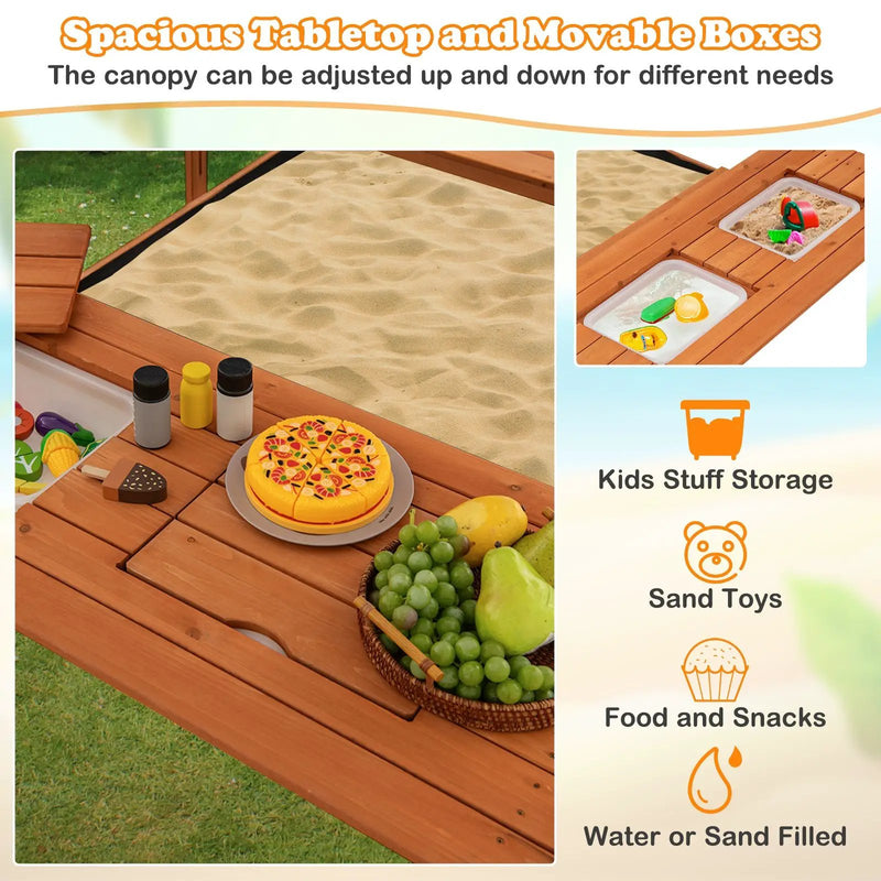 Kids Wooden Sand Box with Foldable Picnic Sensory Table and Bench-Natural by DirectDeals