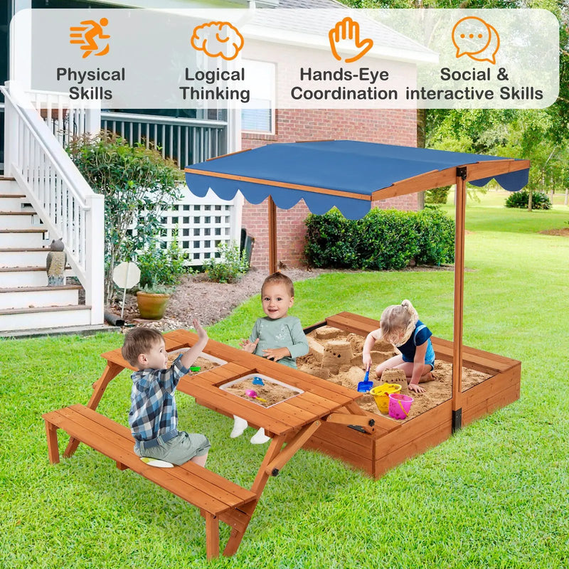 Kids Wooden Sand Box with Foldable Picnic Sensory Table and Bench-Natural by DirectDeals