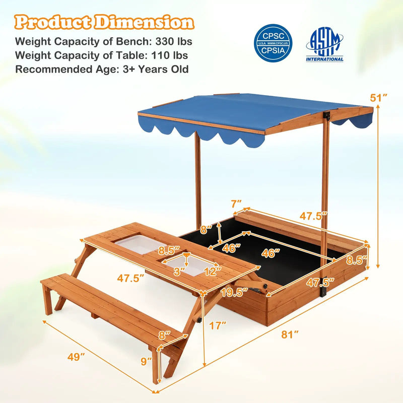 Kids Wooden Sand Box with Foldable Picnic Sensory Table and Bench-Natural by DirectDeals