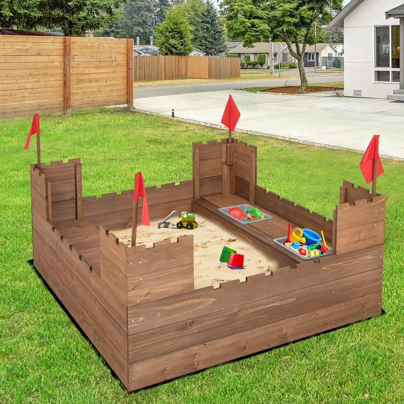 Kids Wooden Sandbox with Bottom Liner and Red Flags by DirectDeals