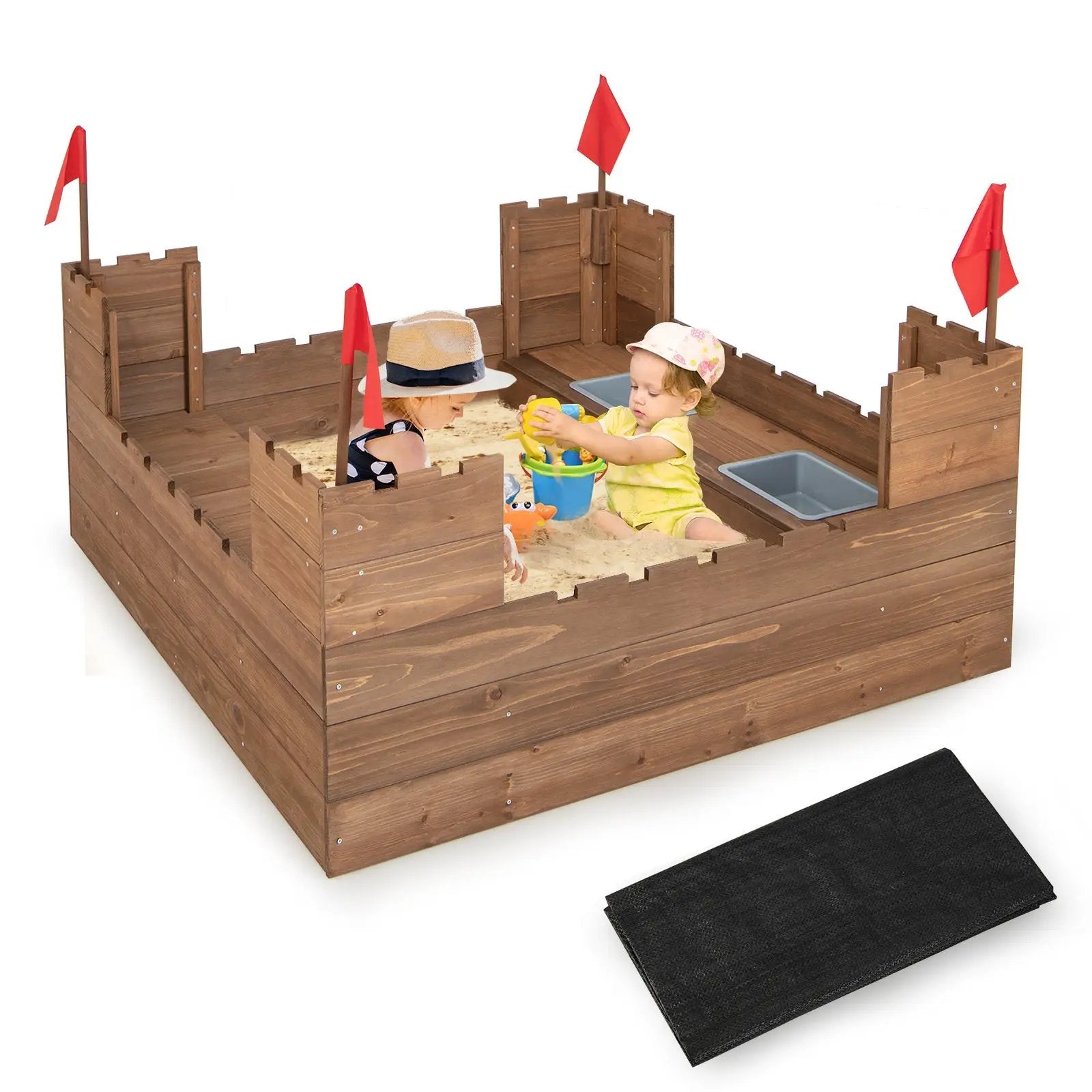 Kids Wooden Sandbox with Bottom Liner and Red Flags by DirectDeals