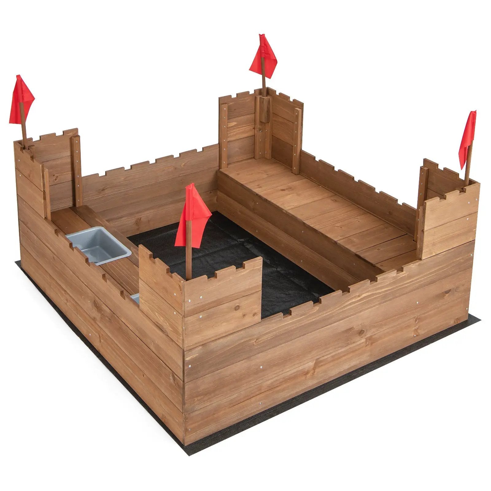 Kids Wooden Sandbox with Bottom Liner and Red Flags by DirectDeals