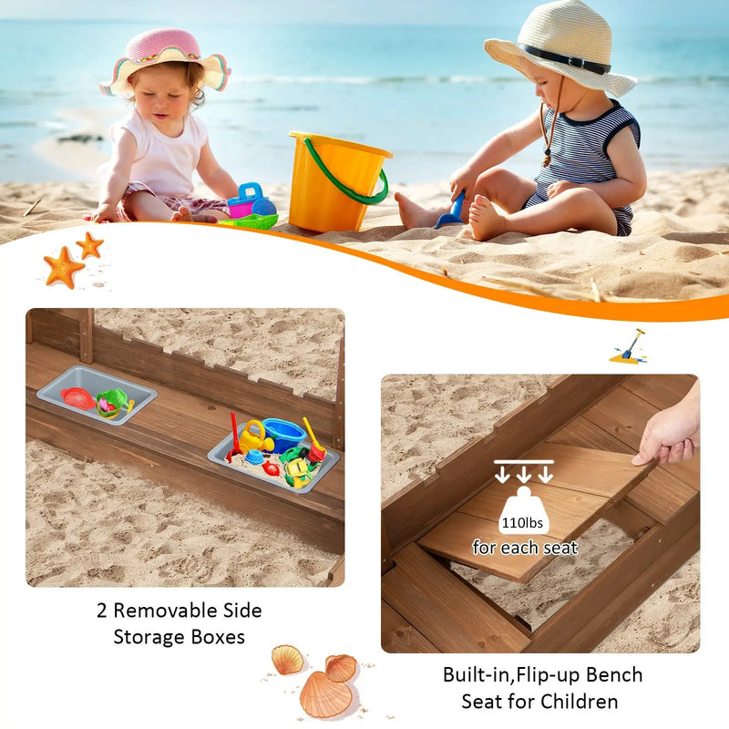 Kids Wooden Sandbox with Bottom Liner and Red Flags by DirectDeals