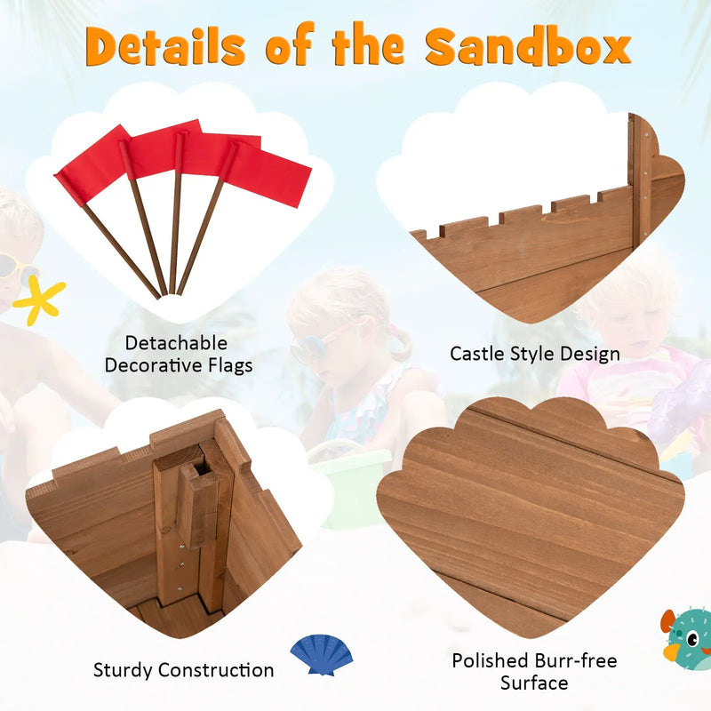 Kids Wooden Sandbox with Bottom Liner and Red Flags by DirectDeals