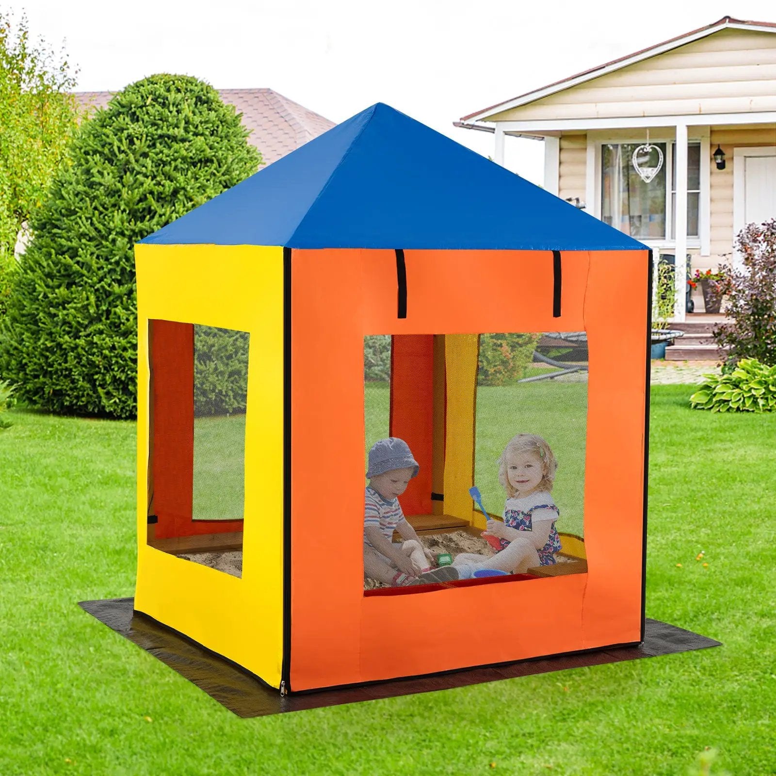 Kids Wooden Sandbox with Canopy Large Sand Pit with Mesh Windows and Bottom Liner-Multicolor by DirectDeals