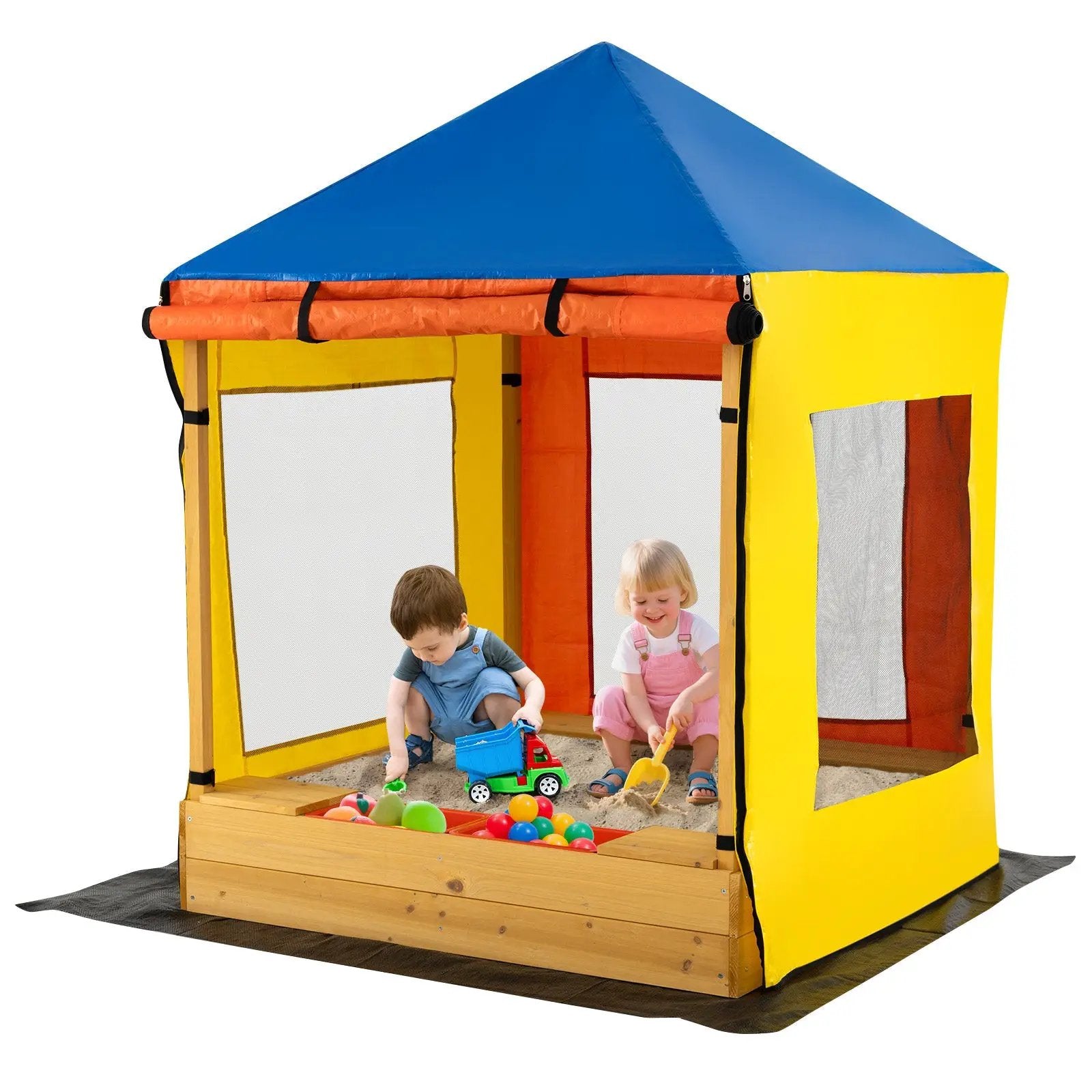 Kids Wooden Sandbox with Canopy Large Sand Pit with Mesh Windows and Bottom Liner-Multicolor by DirectDeals