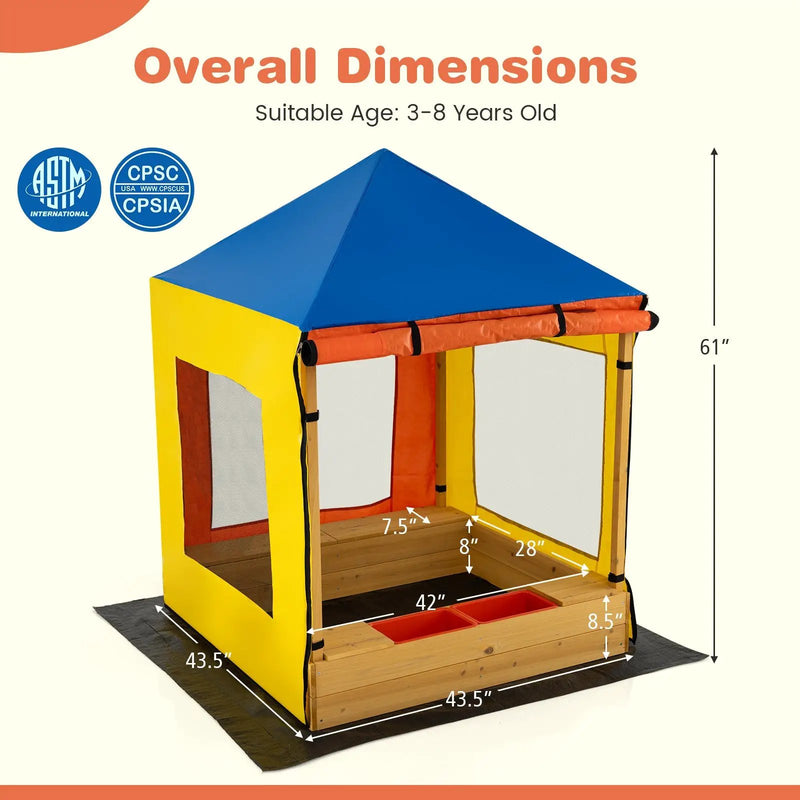 Kids Wooden Sandbox with Canopy Large Sand Pit with Mesh Windows and Bottom Liner-Multicolor by DirectDeals