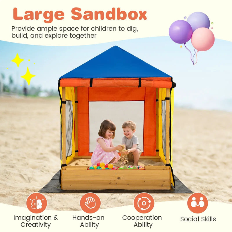 Kids Wooden Sandbox with Canopy Large Sand Pit with Mesh Windows and Bottom Liner-Multicolor by DirectDeals
