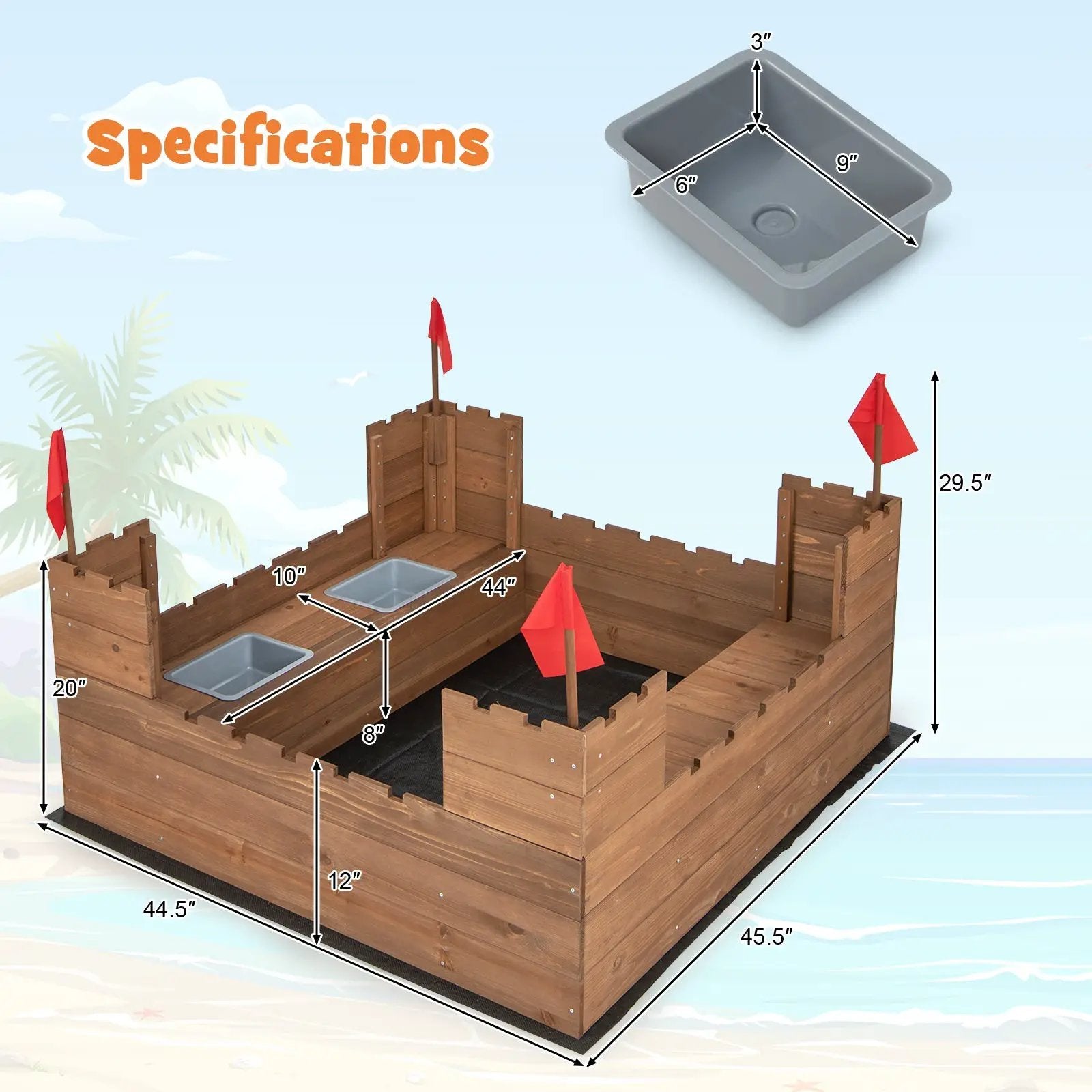 Kids Wooden Sandbox with Bottom Liner and Red Flags by DirectDeals