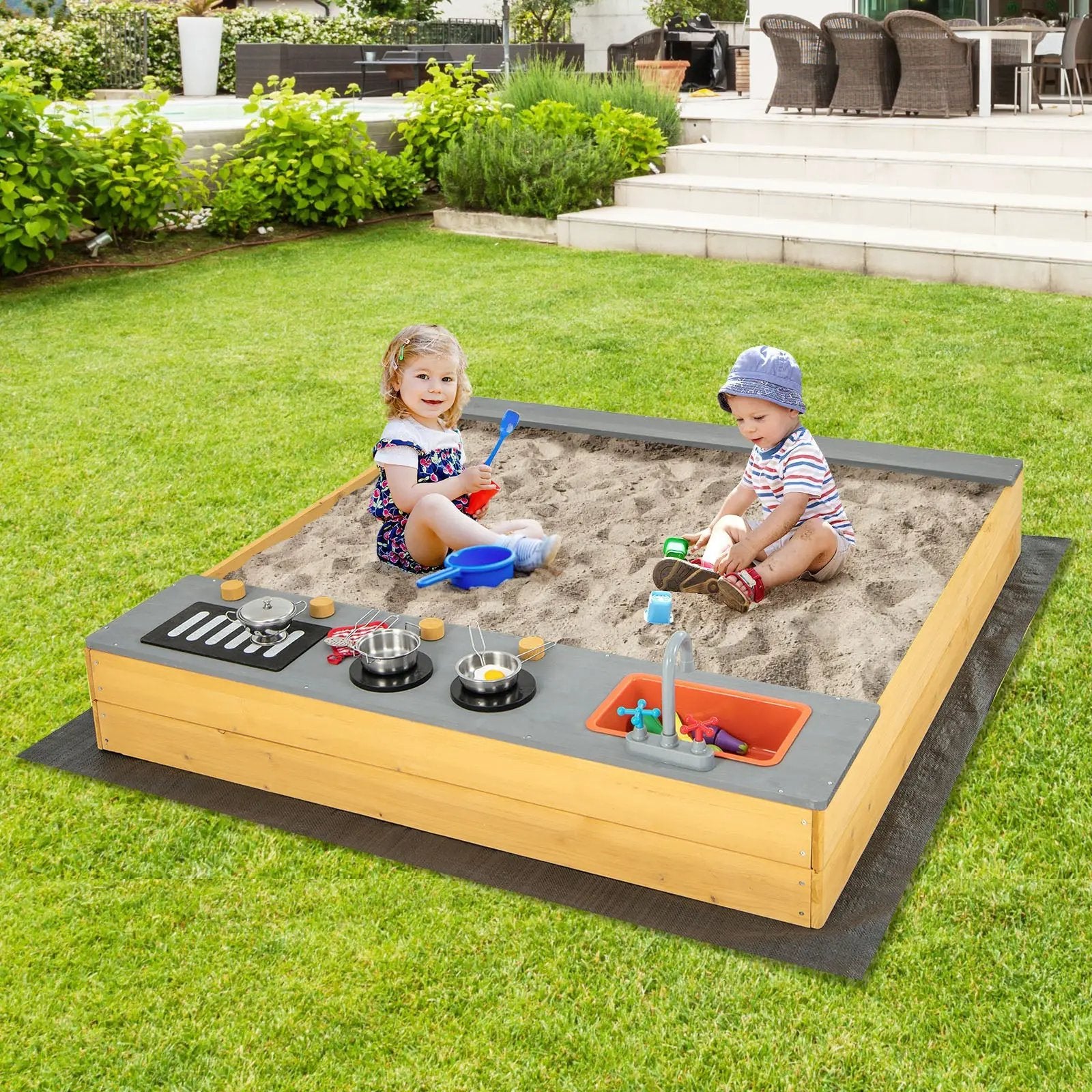 Wooden Sandbox Kids Sand Pit with Kitchen Playset Accessories for 3-8 Years Old by DirectDeals