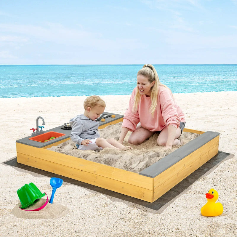 Wooden Sandbox Kids Sand Pit with Kitchen Playset Accessories for 3-8 Years Old by DirectDeals