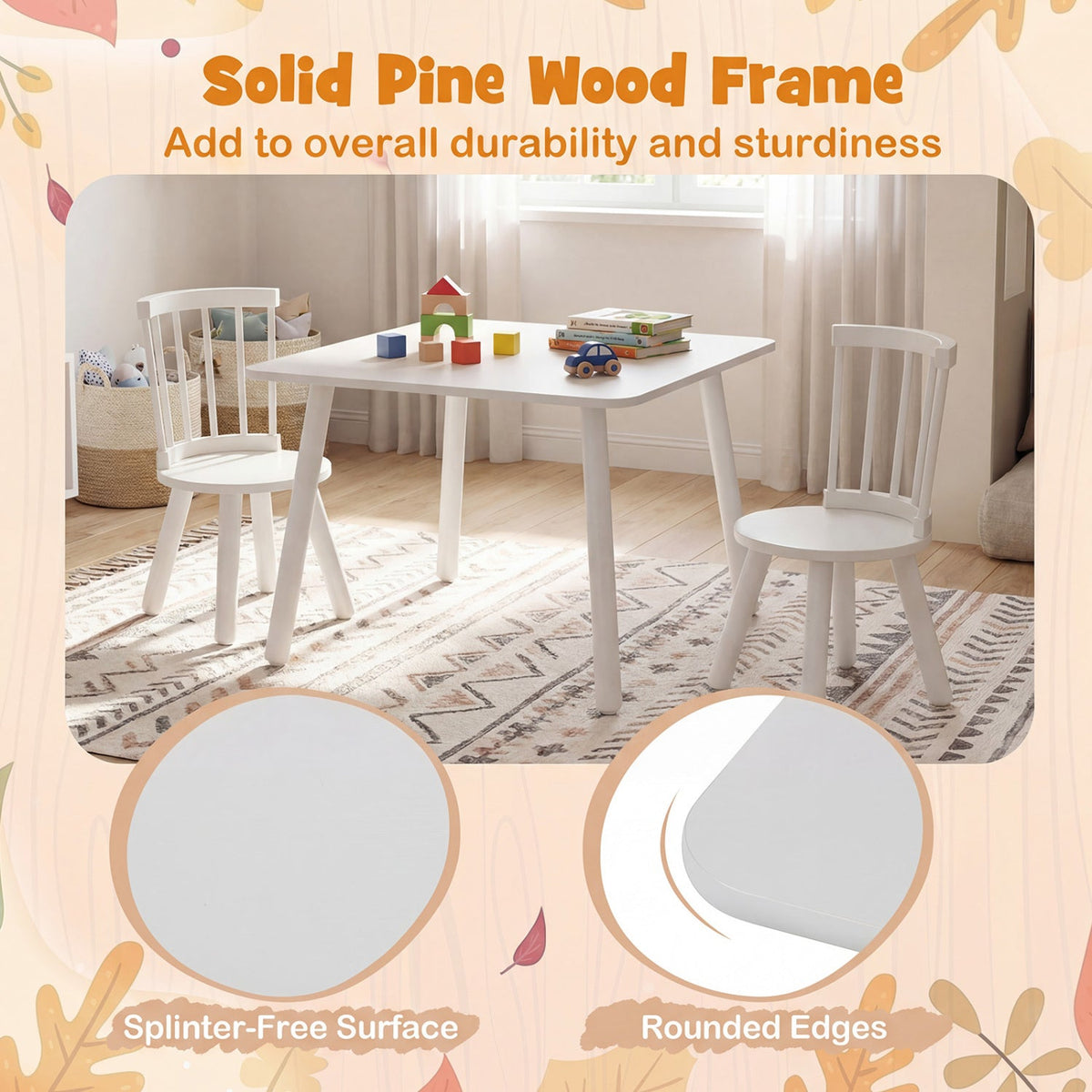Kids Wooden Table and Chairs Set 3-Piece Toddler Furniture with Pine Wood Frame, photo 12 of 16