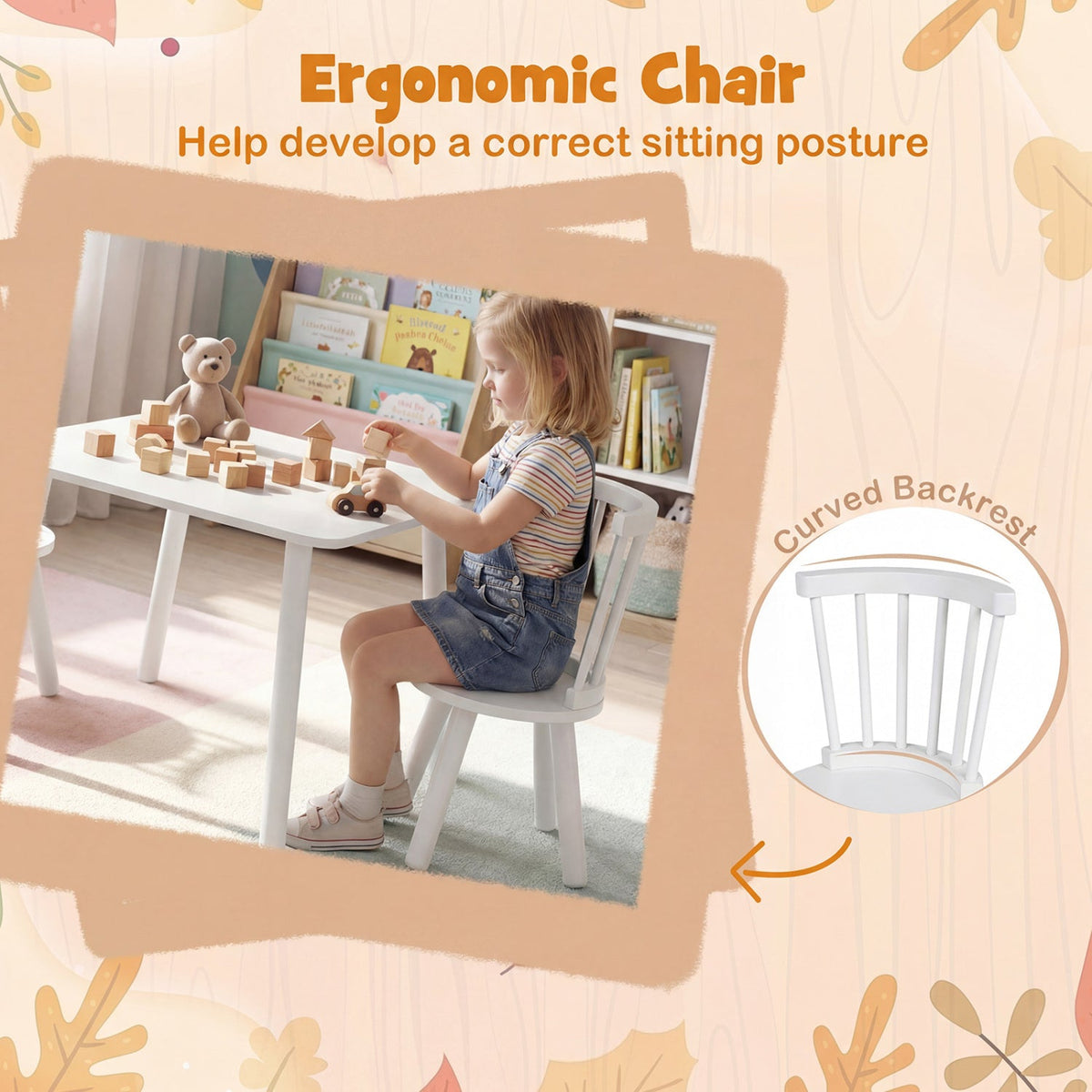 Kids Wooden Table and Chairs Set 3-Piece Toddler Furniture with Pine Wood Frame, photo 14 of 16