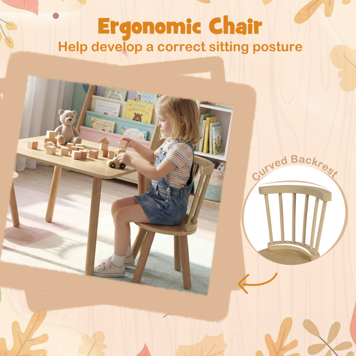Kids Wooden Table and Chairs Set 3-Piece Toddler Furniture with Pine Wood Frame, photo 13 of 16