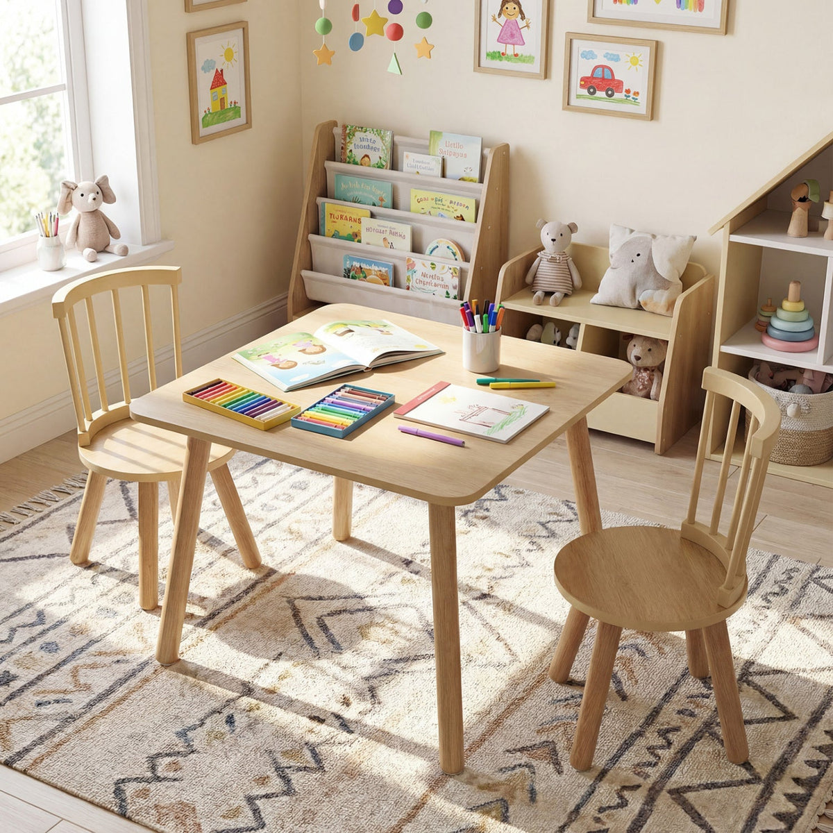 Kids Wooden Table and Chairs Set 3-Piece Toddler Furniture with Pine Wood Frame, photo 3 of 16