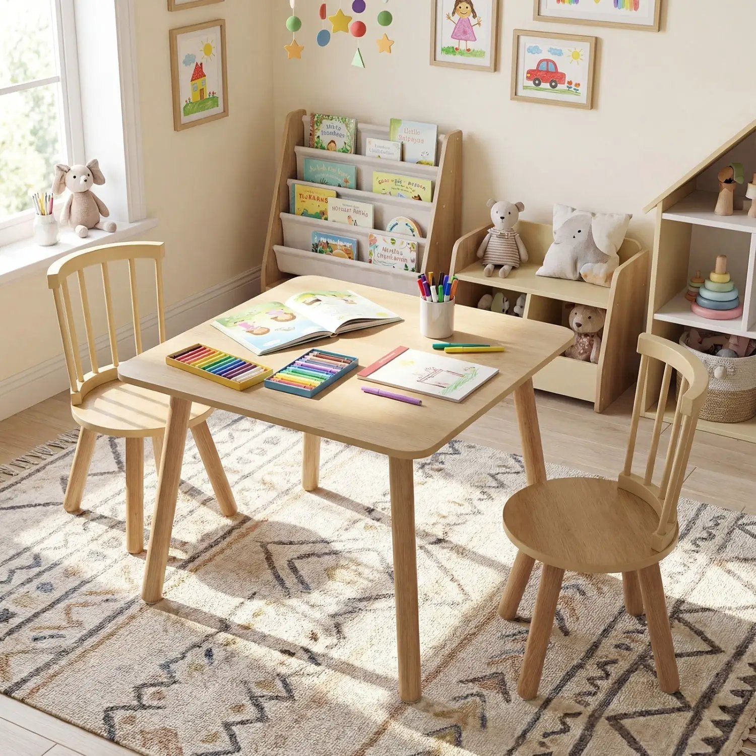 Kids Wooden Table and Chairs Set 3-Piece Toddler Furniture with Pine Wood Frame by DirectDeals