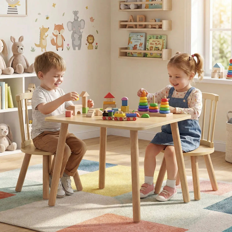 Kids Wooden Table and Chairs Set 3-Piece Toddler Furniture with Pine Wood Frame by DirectDeals