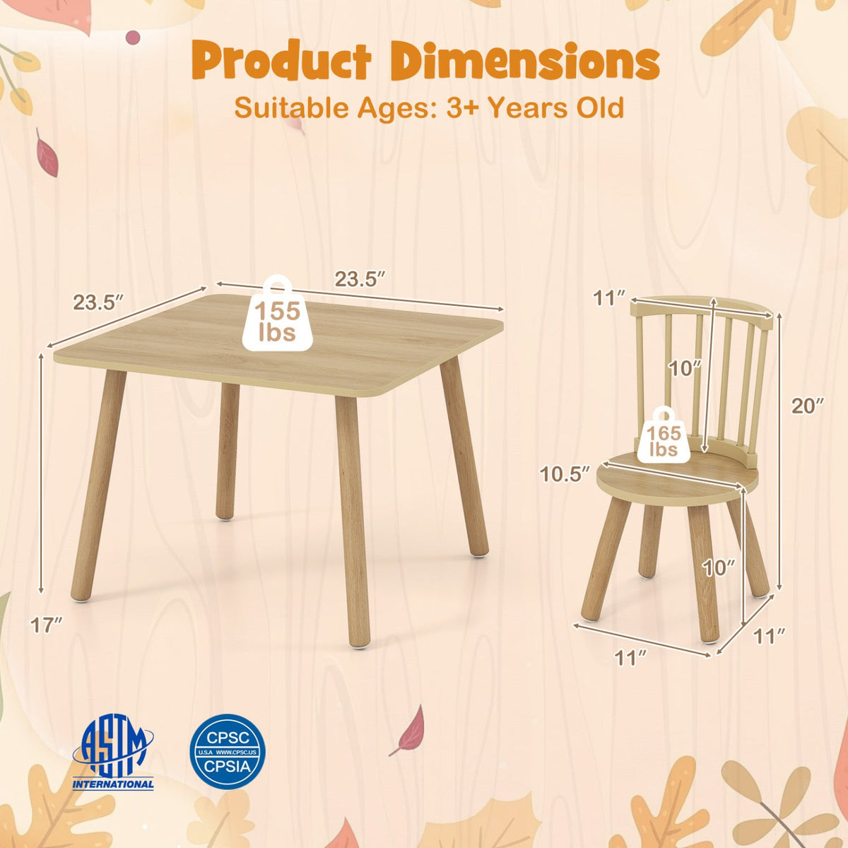 Kids Wooden Table and Chairs Set 3-Piece Toddler Furniture with Pine Wood Frame, photo 9 of 16