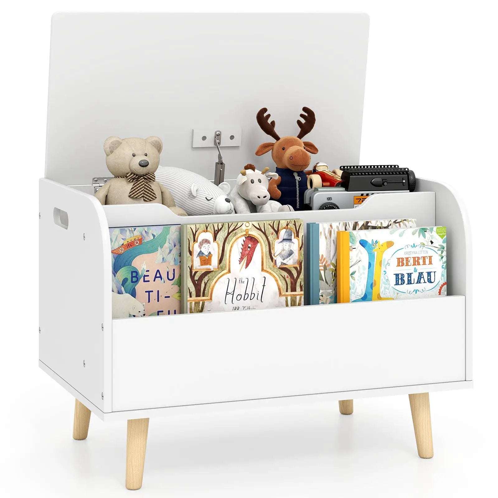 Kids Wooden Toy Box with Front Bookshelf and 4 Solid Wood Legs for Playroom by DirectDeals