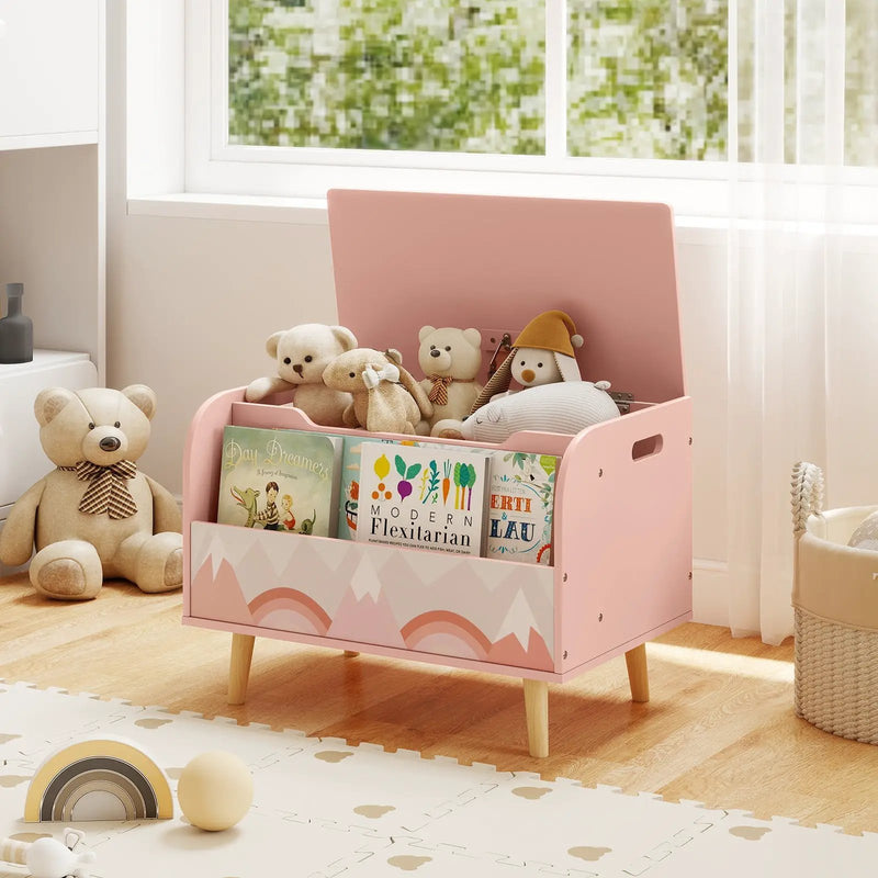 Kids Wooden Toy Box with Front Bookshelf and 4 Solid Wood Legs for Playroom by DirectDeals