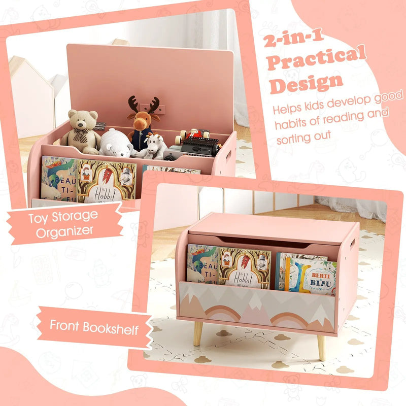 Kids Wooden Toy Box with Front Bookshelf and 4 Solid Wood Legs for Playroom by DirectDeals