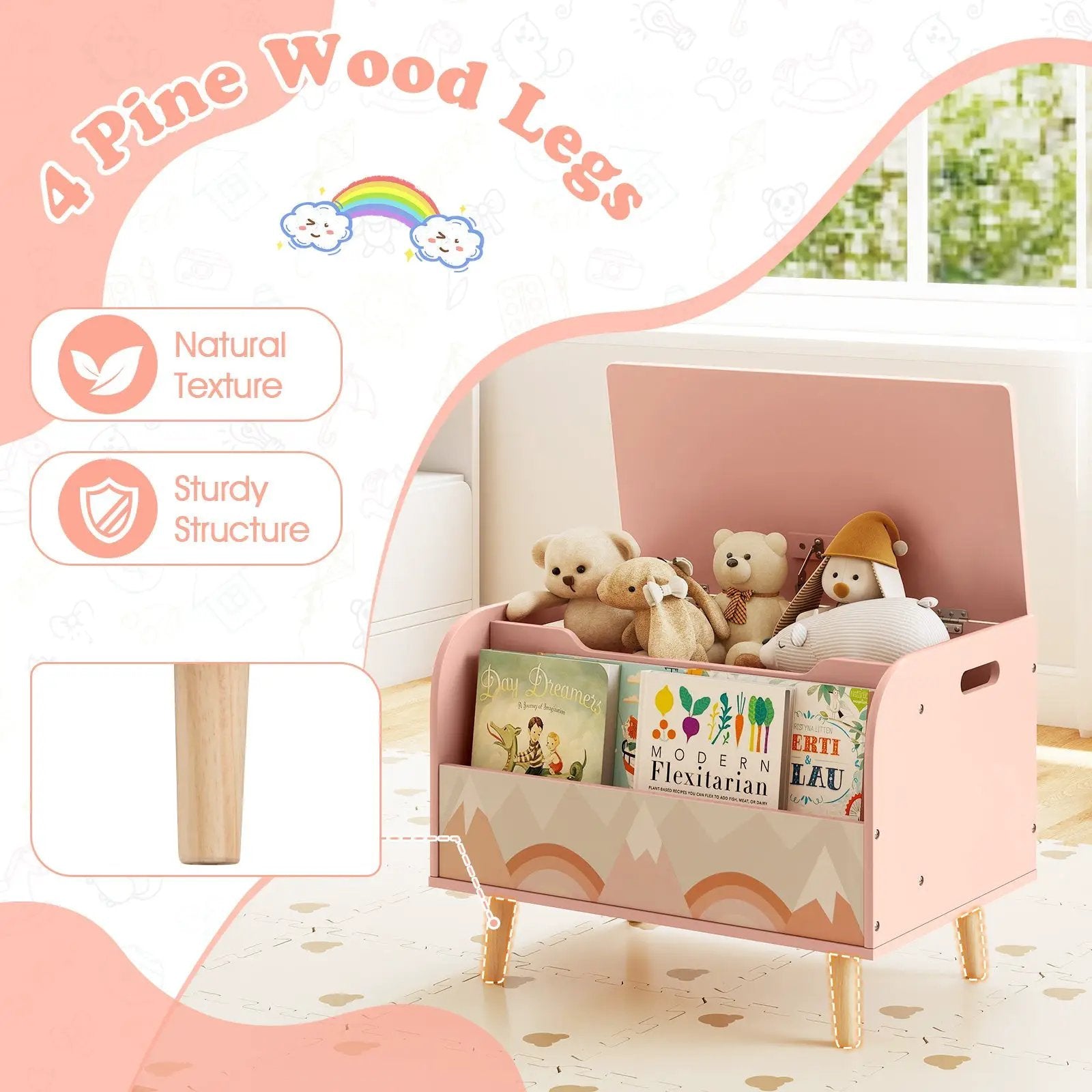 Kids Wooden Toy Box with Front Bookshelf and 4 Solid Wood Legs for Playroom by DirectDeals
