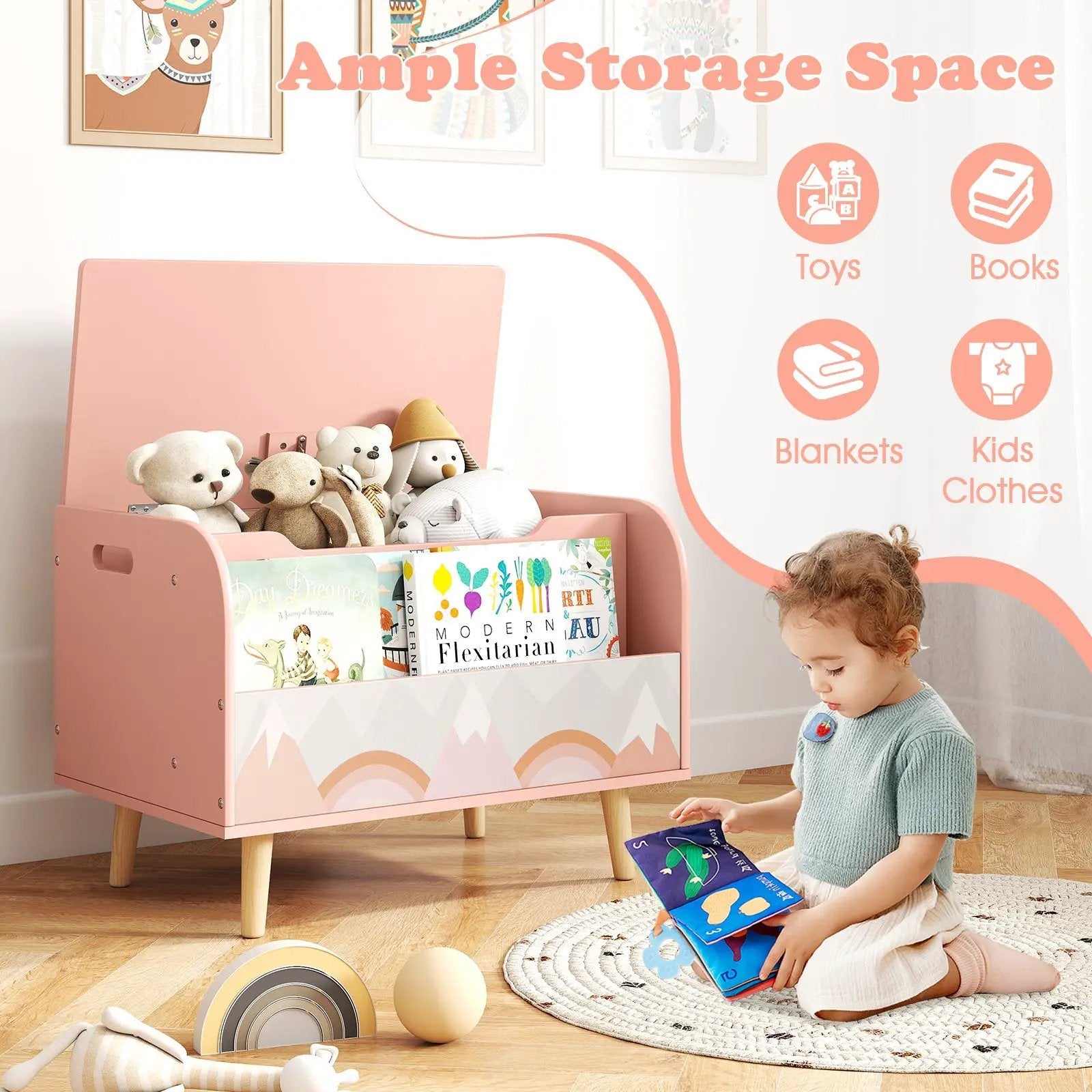 Kids Wooden Toy Box with Front Bookshelf and 4 Solid Wood Legs for Playroom by DirectDeals