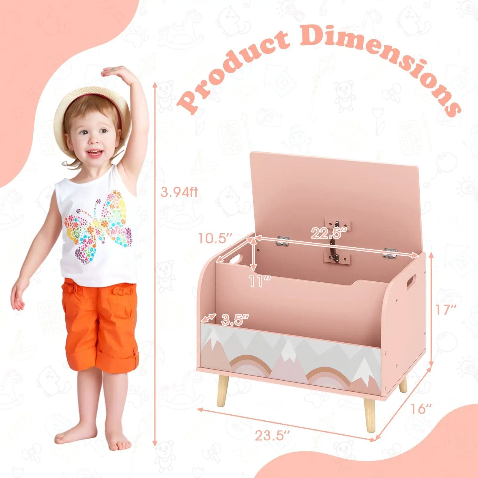 Kids Wooden Toy Box with Front Bookshelf and 4 Solid Wood Legs for Playroom by DirectDeals