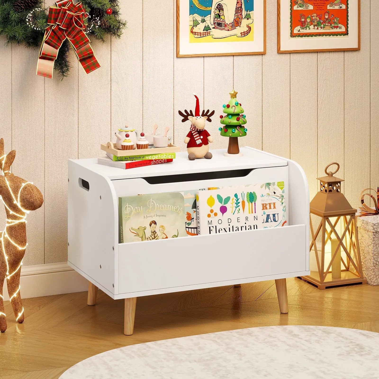 Kids Wooden Toy Box with Front Bookshelf and 4 Solid Wood Legs for Playroom by DirectDeals