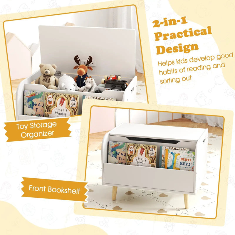 Kids Wooden Toy Box with Front Bookshelf and 4 Solid Wood Legs for Playroom by DirectDeals