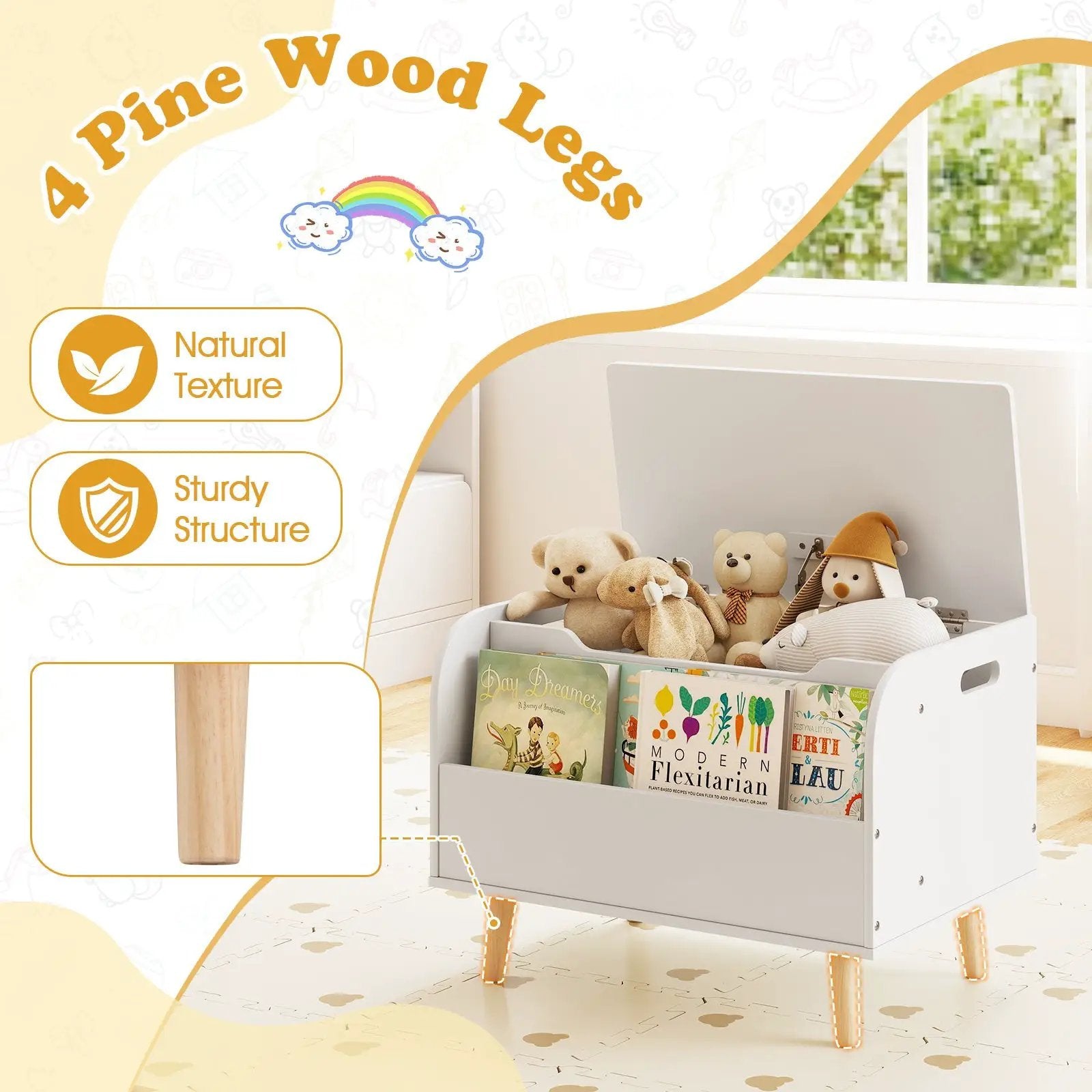 Kids Wooden Toy Box with Front Bookshelf and 4 Solid Wood Legs for Playroom by DirectDeals