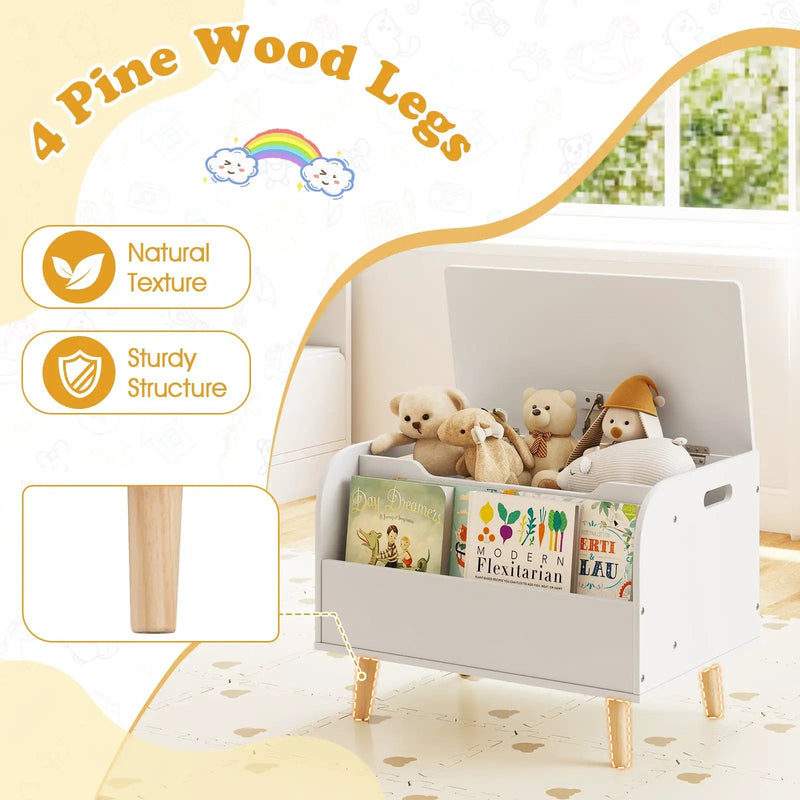 Kids Wooden Toy Box with Front Bookshelf and 4 Solid Wood Legs for Playroom by DirectDeals
